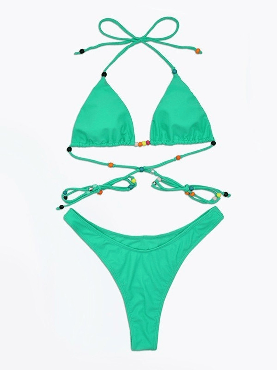 Beads Decor Lace Up Halter Bikini Set