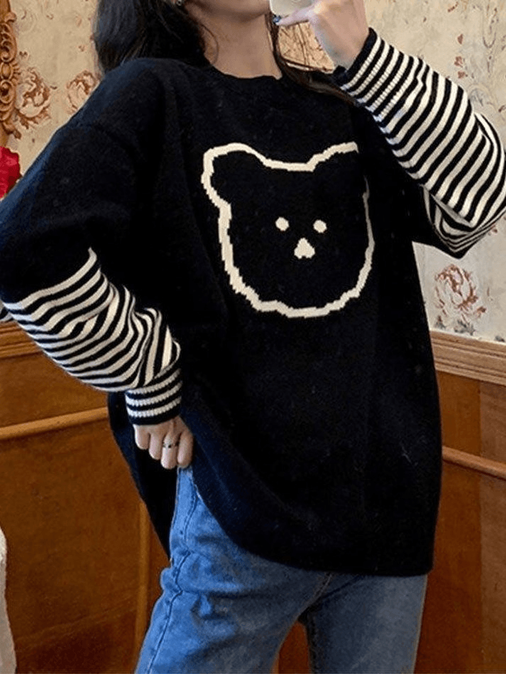 Bear Jacquard Striped Knit Sweater