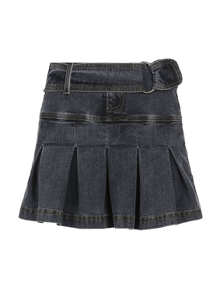 Belted Pleated Denim Mini Skirt