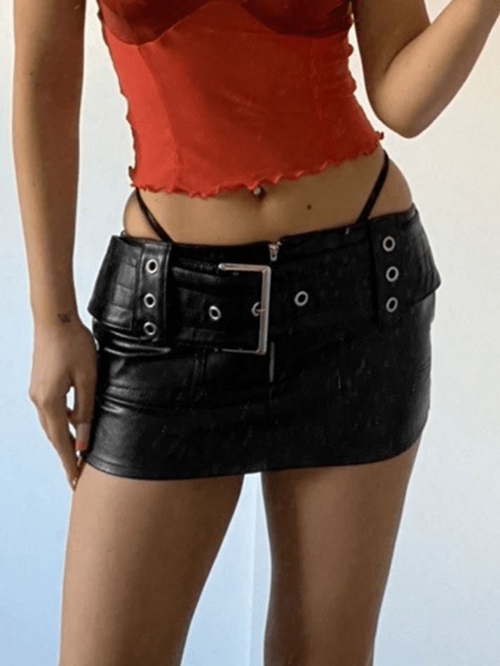 Belted Pu Leather Low Rise Mini Skirt