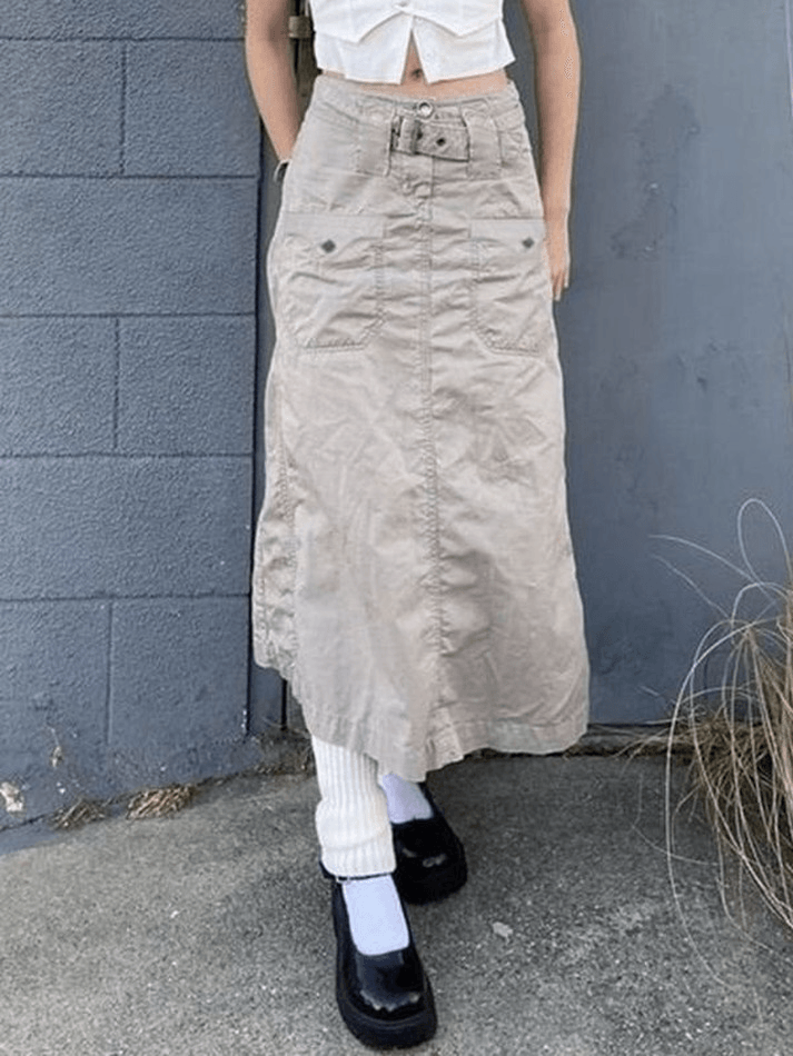 Belted Split Long Cargo Skirt