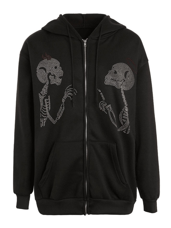 Black Rhinestone Skeleton Print Zipper Hoodie