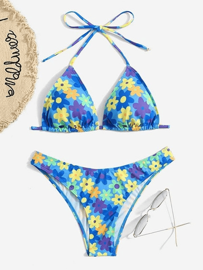 Blue Floral Halter Bikini Set