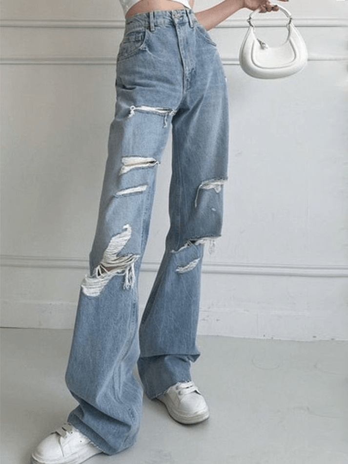 Blue Wash High Waist Ripped Jeans