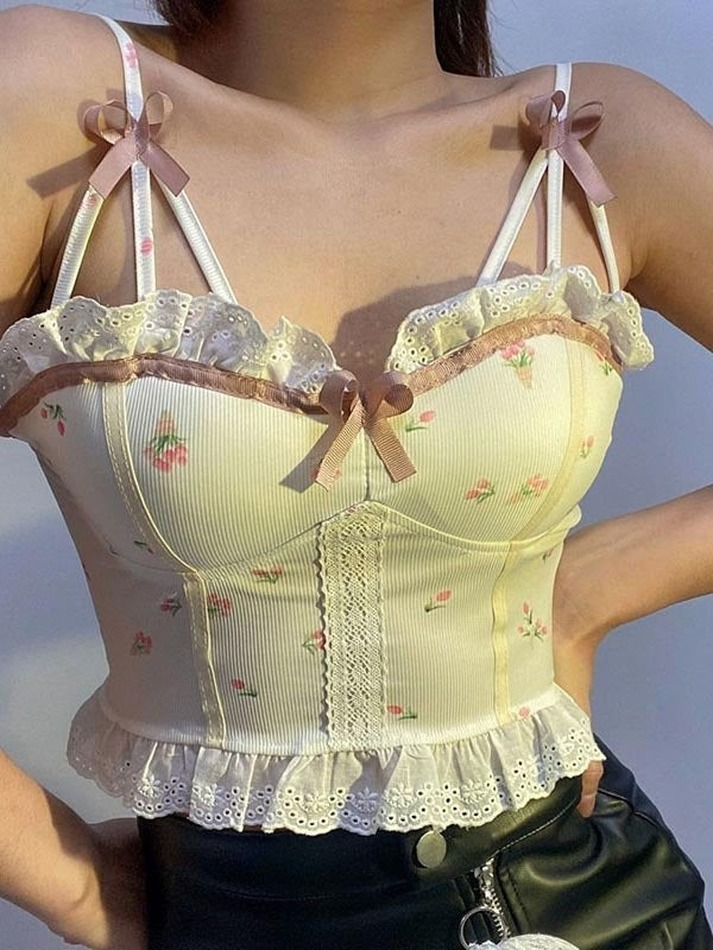 Broderie Lace Paneled Floral Corset Top