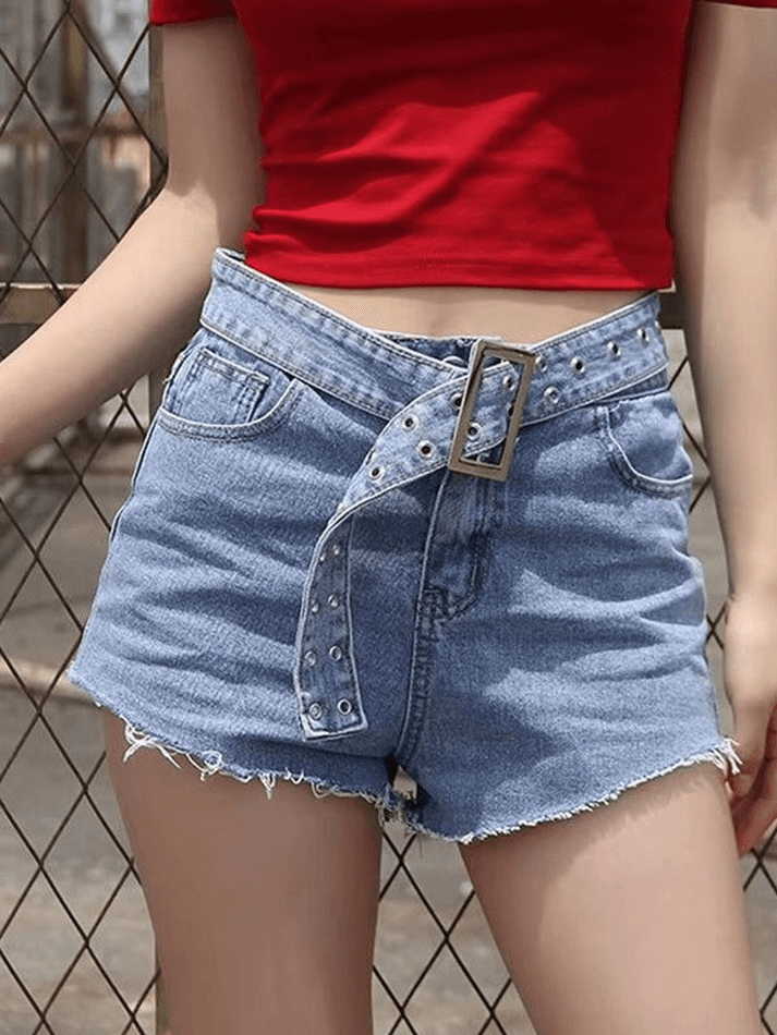 Buckle Belt High Waist Denim Shorts