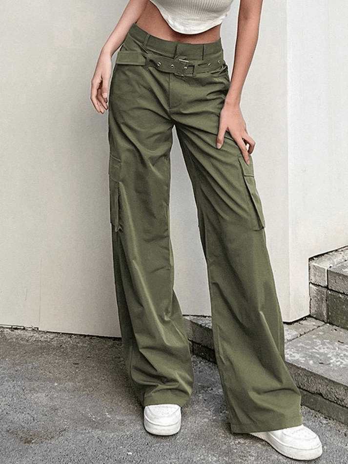 Buckle Belt Straight Leg Cargo Pants