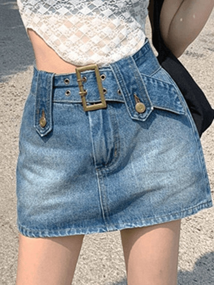 Buckle Belt Washed Denim Cargo Mini Skirt