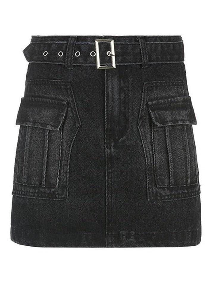 Buckle Belted Pocket Denim Cargo Mini Skirt