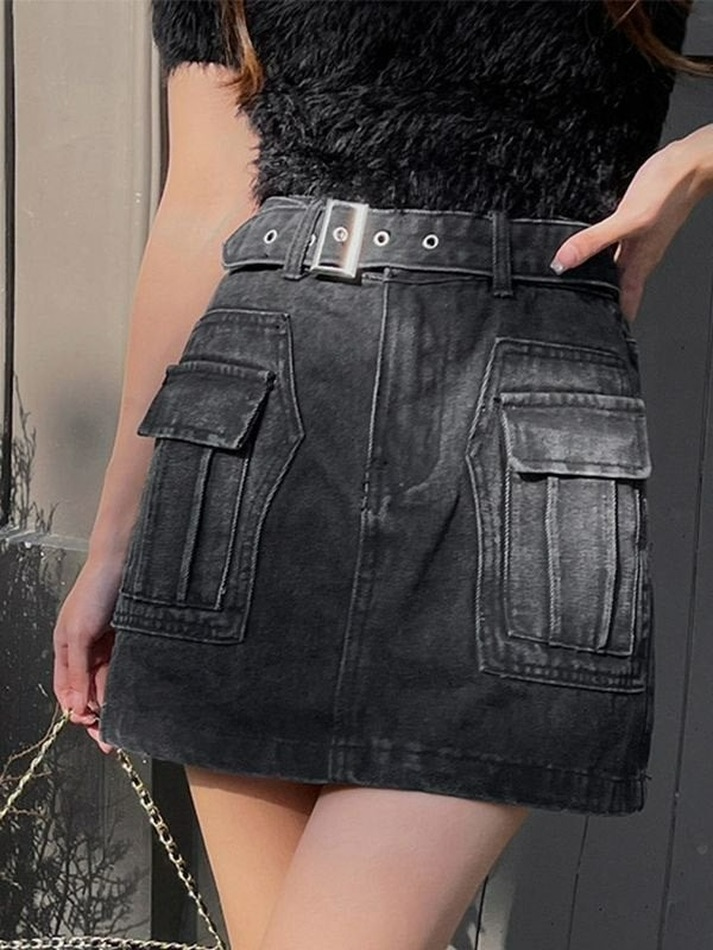 Buckle Belted Pocket Denim Mini Skirt