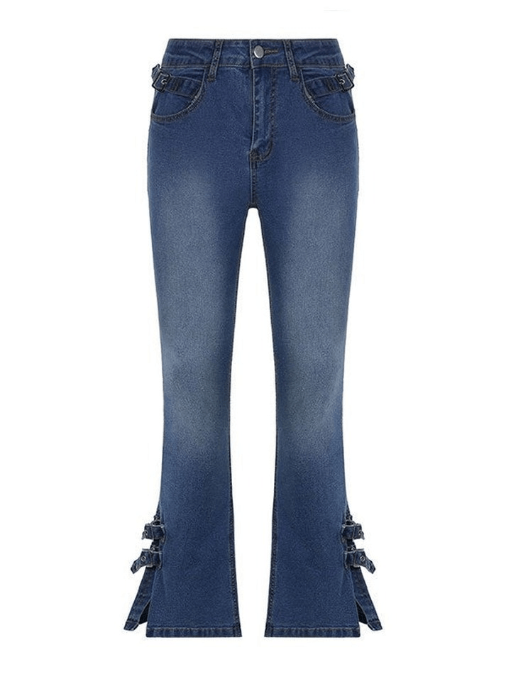 Buckle Strap Detail Split Flare Jeans