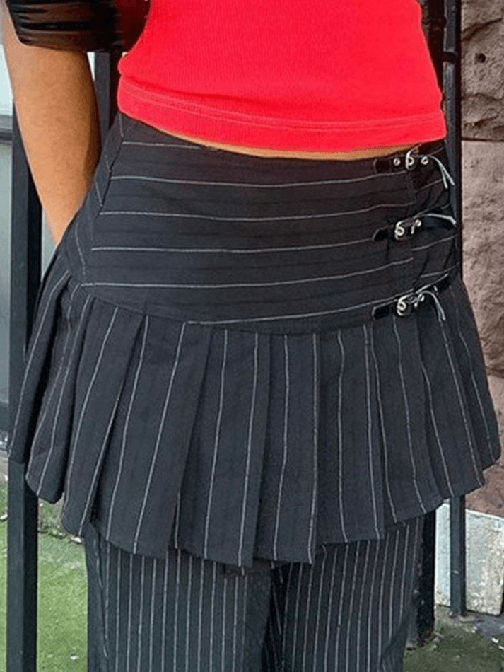 Buckle Strap Pinstripe Pleated Cargo Mini Skirt