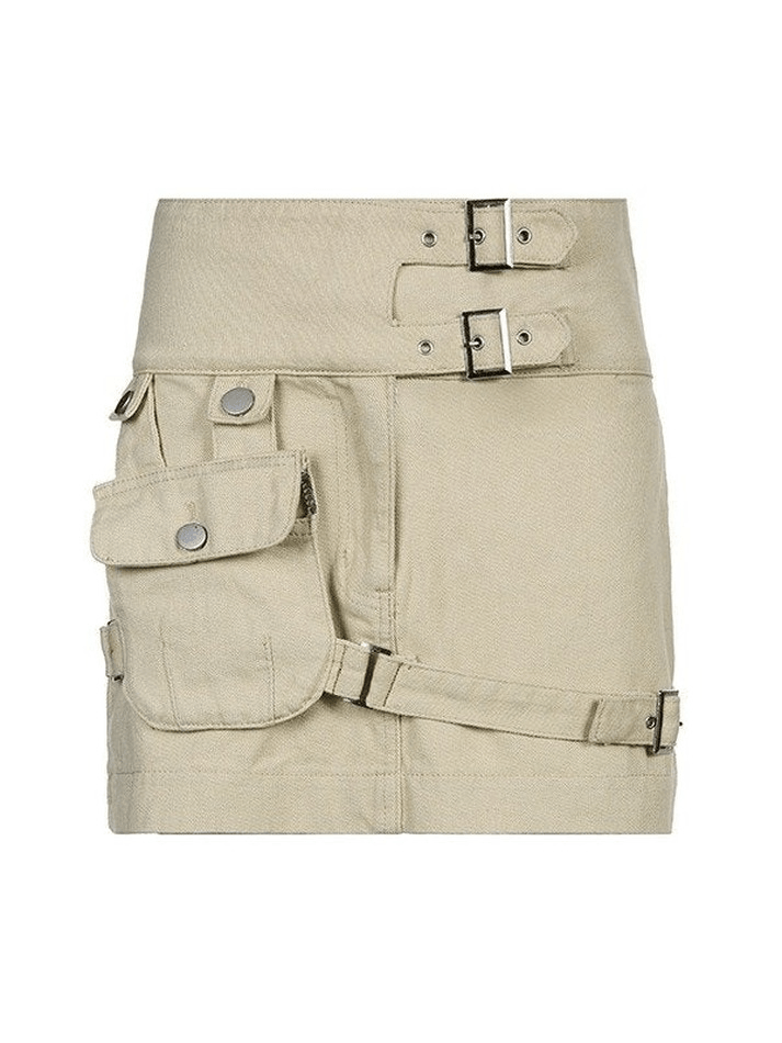 Buckled Strap Denim Cargo Mini Skirt