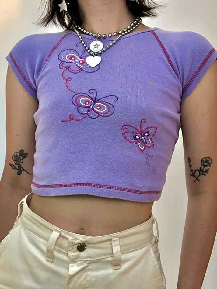 Butterfly Embroidered Rib Crop Top