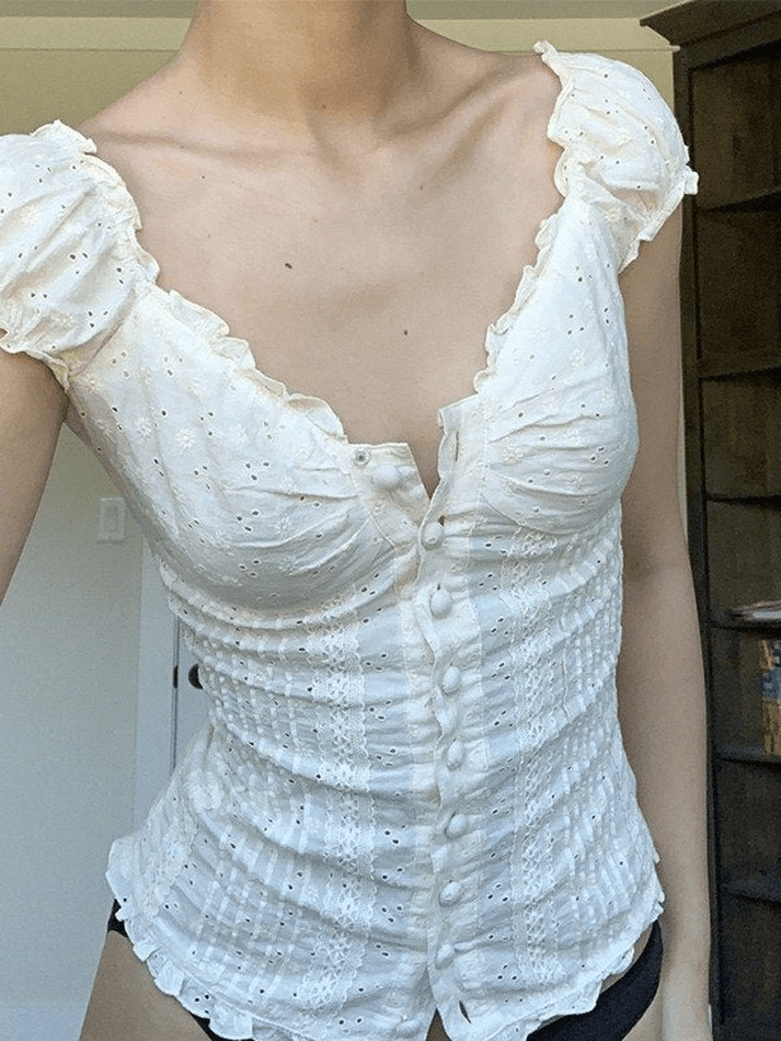 Button Down Broidered Lace Crop Blouse