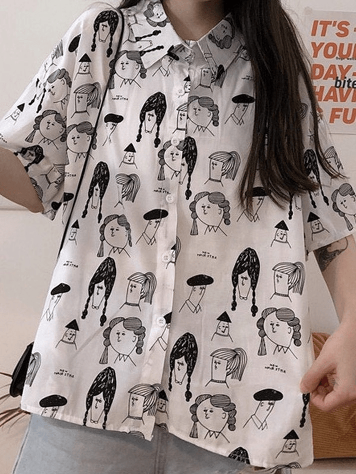 Button Down Cartoon Print Oversized Blouse