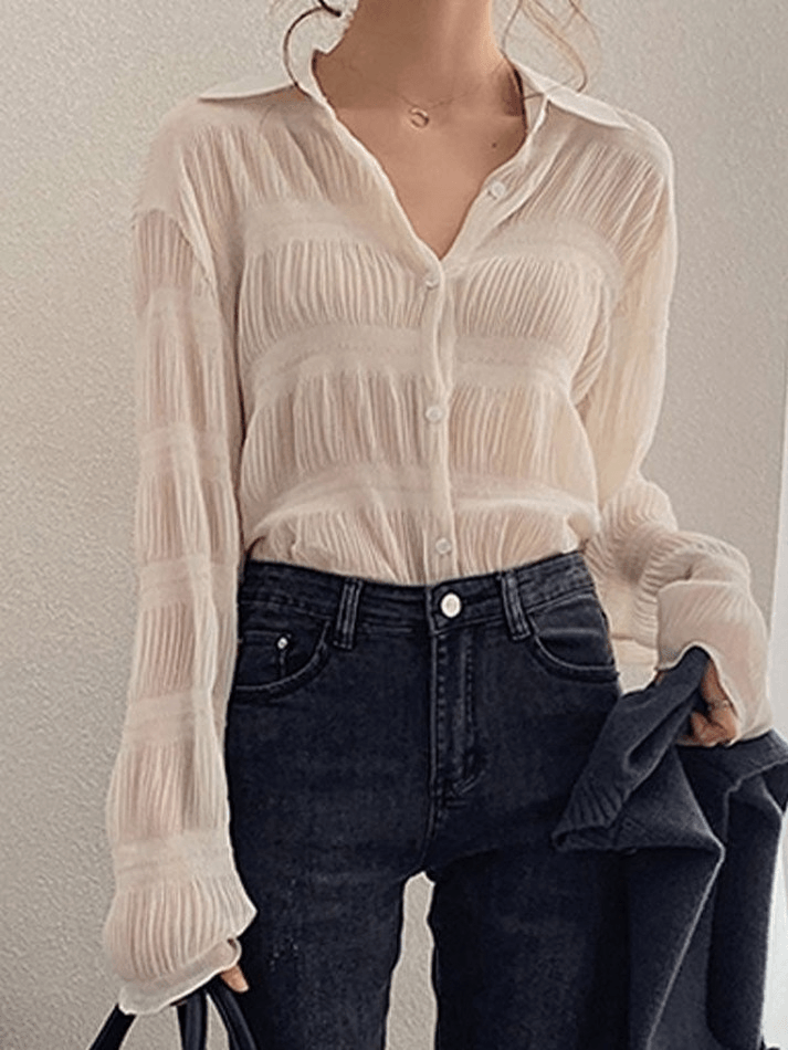 Button Ruched Long Sleeve Blouse