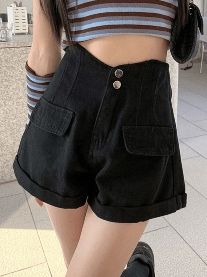 Buttoned Cuffed Hem Denim Shorts