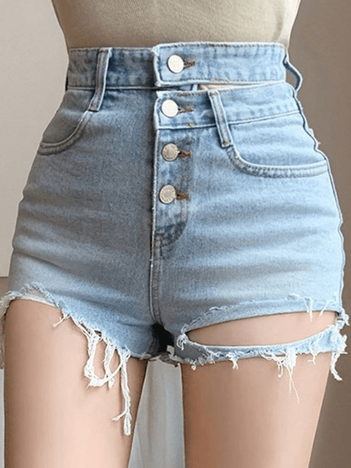 Buttoned Distressed Denim Shorts