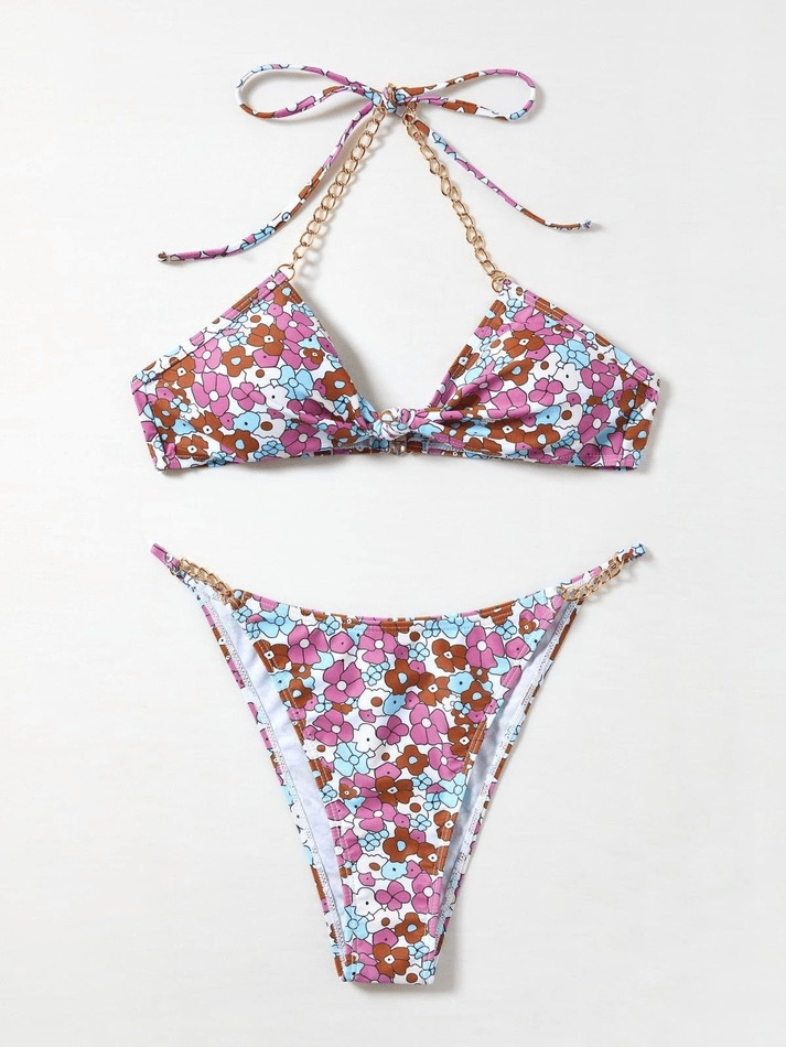 Chain Embellished Floral Print Bikini Set