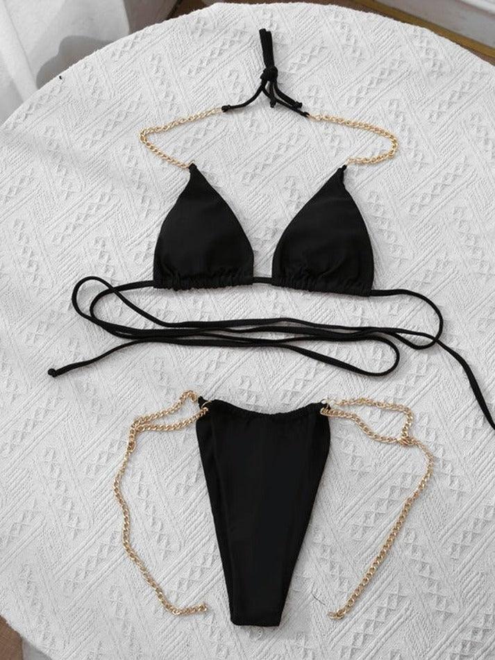 Chain Embellished Halter Bikini Set