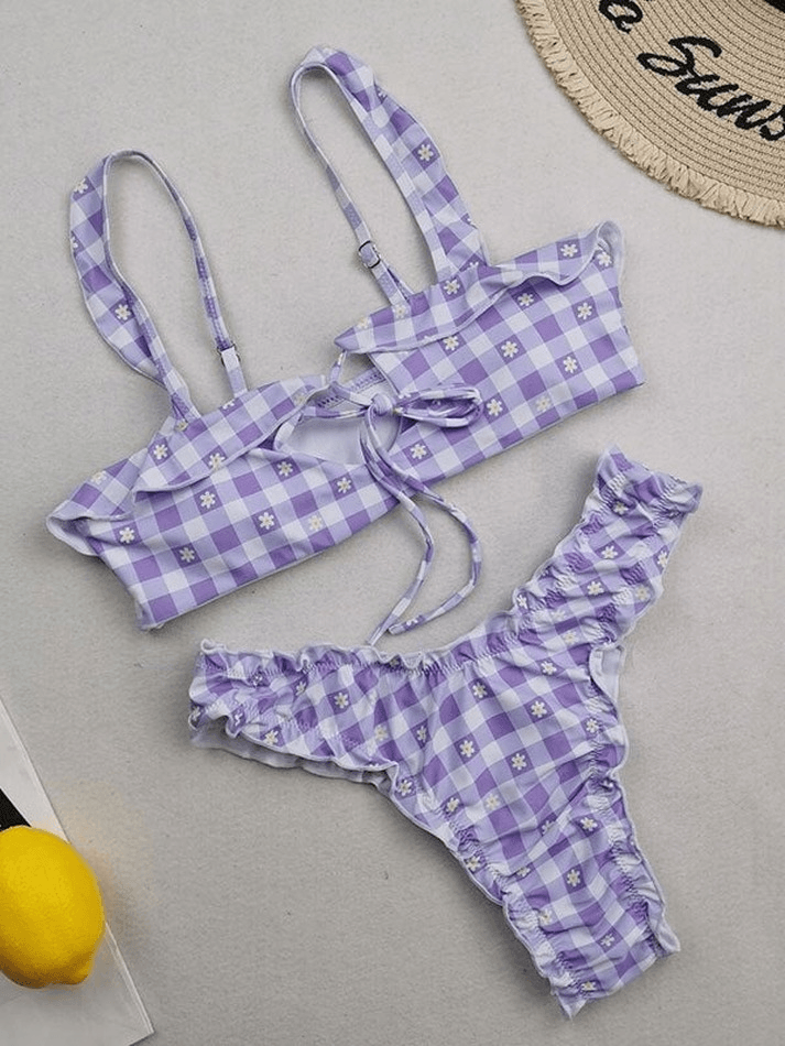 Checkered Floral Print Strap Bikini Set