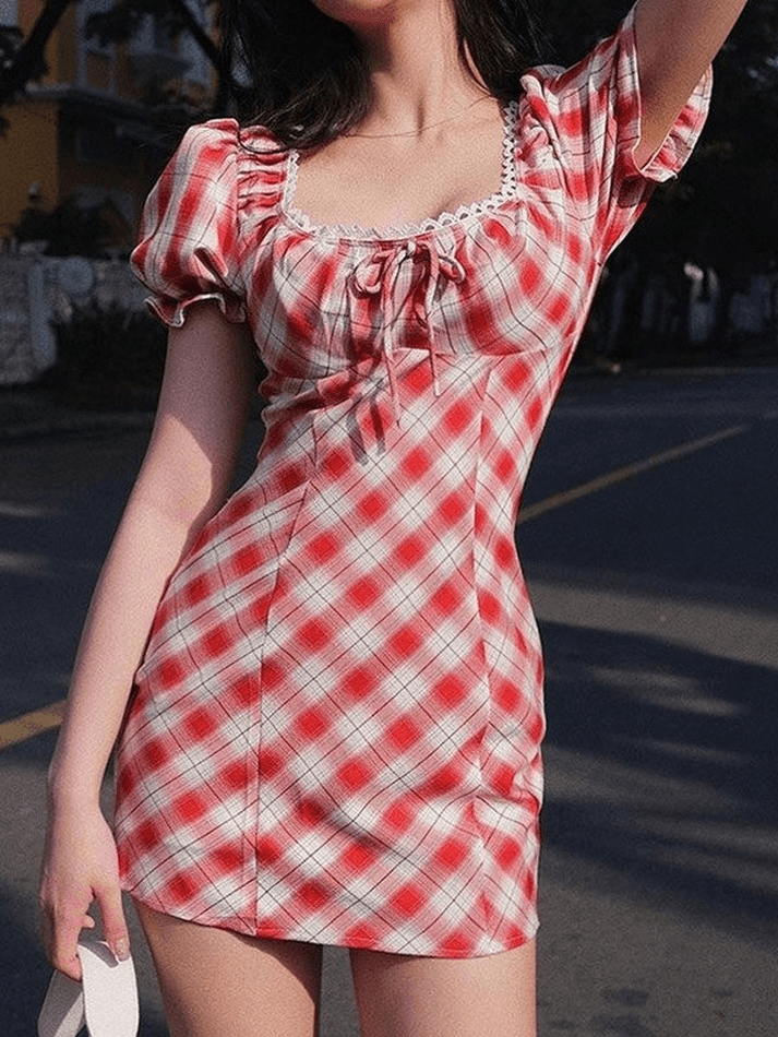 Checkered Puff Sleeve Mini Dress