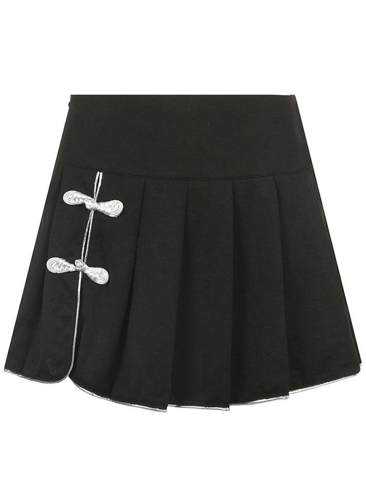 Chinese Knotted Button Pleated Mini Skirt