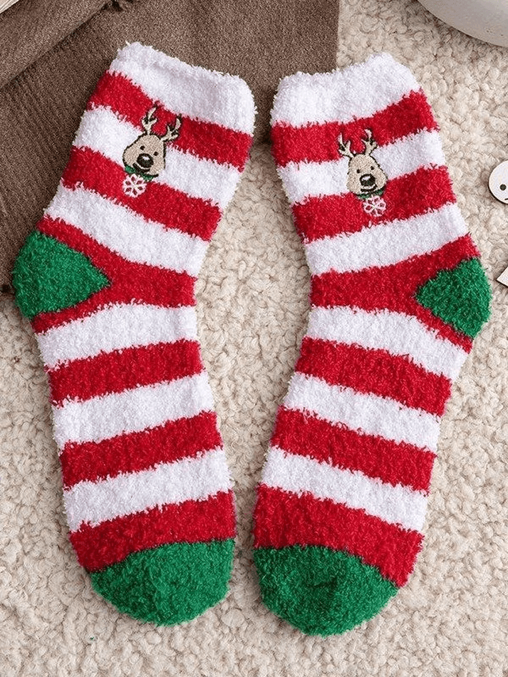 Christmas Embroidered Elk Coral Fleece Socks