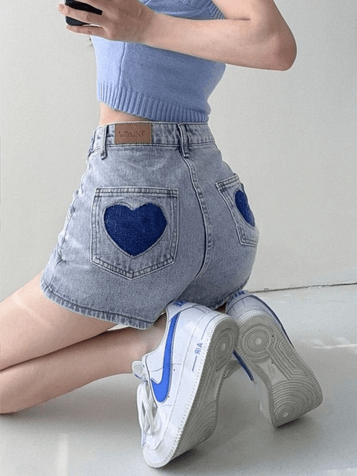 Heart Back Blue Wash Denim Shorts