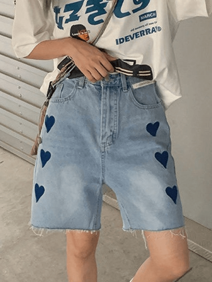 Heart Embroidery Raw Hem Denim Shorts