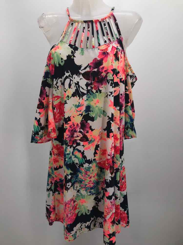 12PM by Mon Ami Navy Size Large Floral Ruffle Open Shoulder Dress