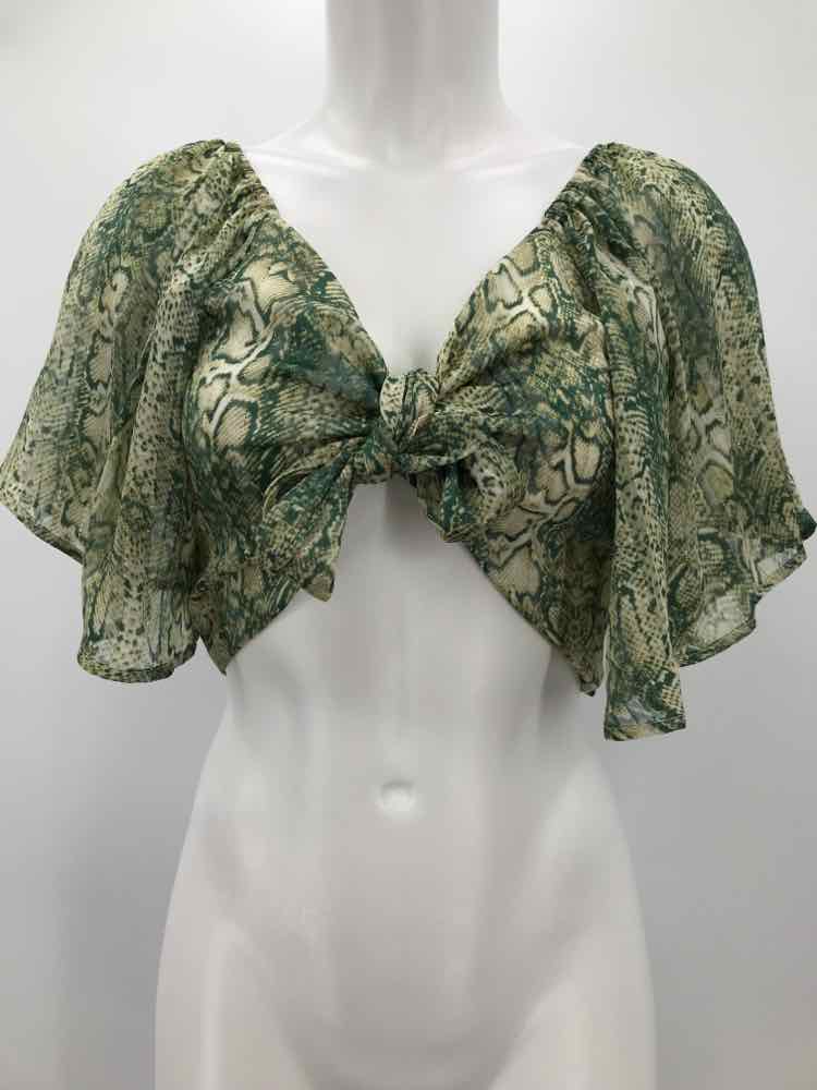 4Siznn Green Size Medium Cropped Tie Front Blouse