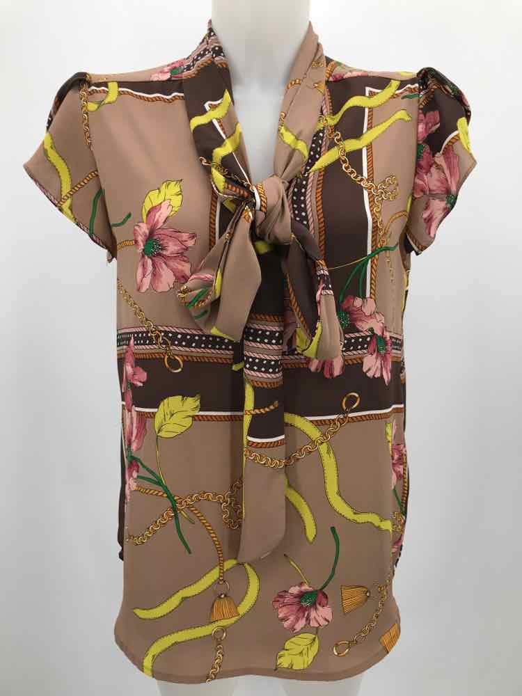 7th Avenue Design Studio Brown Size Medium Floral Tie Neck Blouse