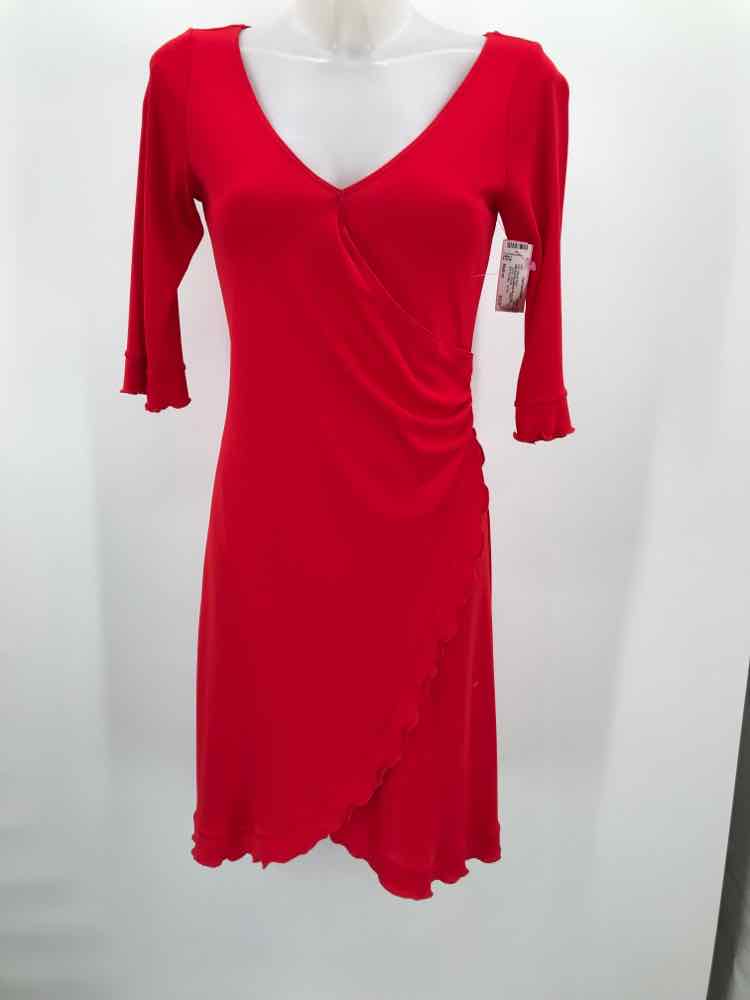 ABS Red Size Medium Rouche Midi Long Sleeve Dress