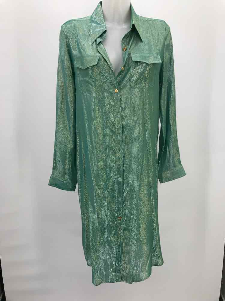 Adriana Iglesias Green Size 10 Shimmer Long Sleeve Midi Button Down Dress