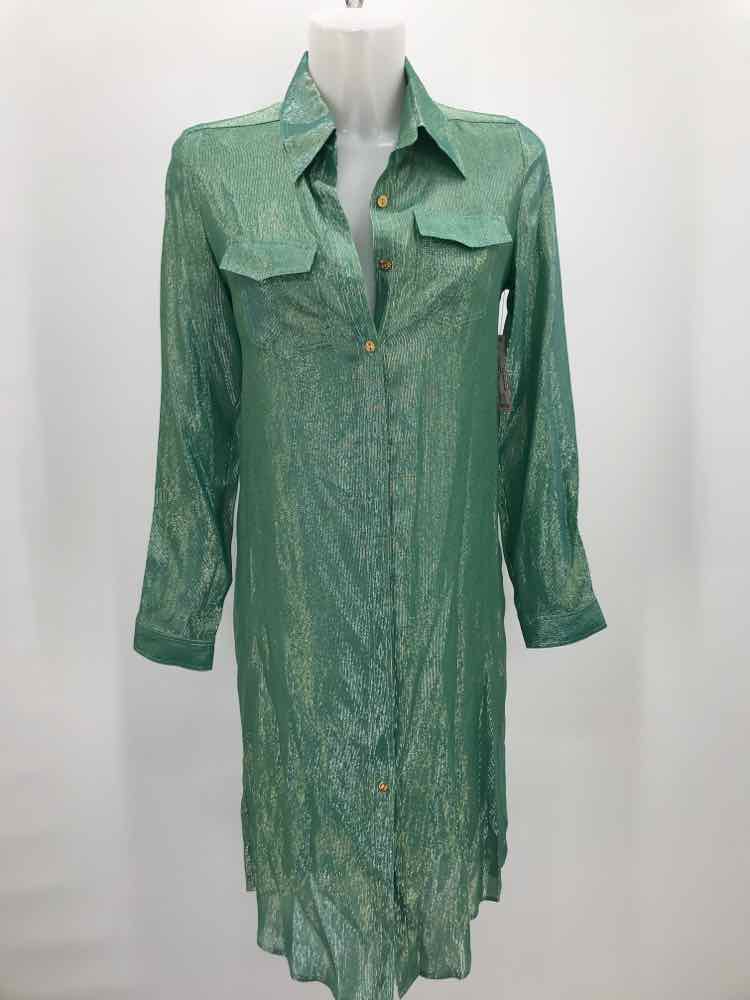 Adriana Iglesias Green Size 4 Shimmer Long Sleeve Midi Button Down Dress