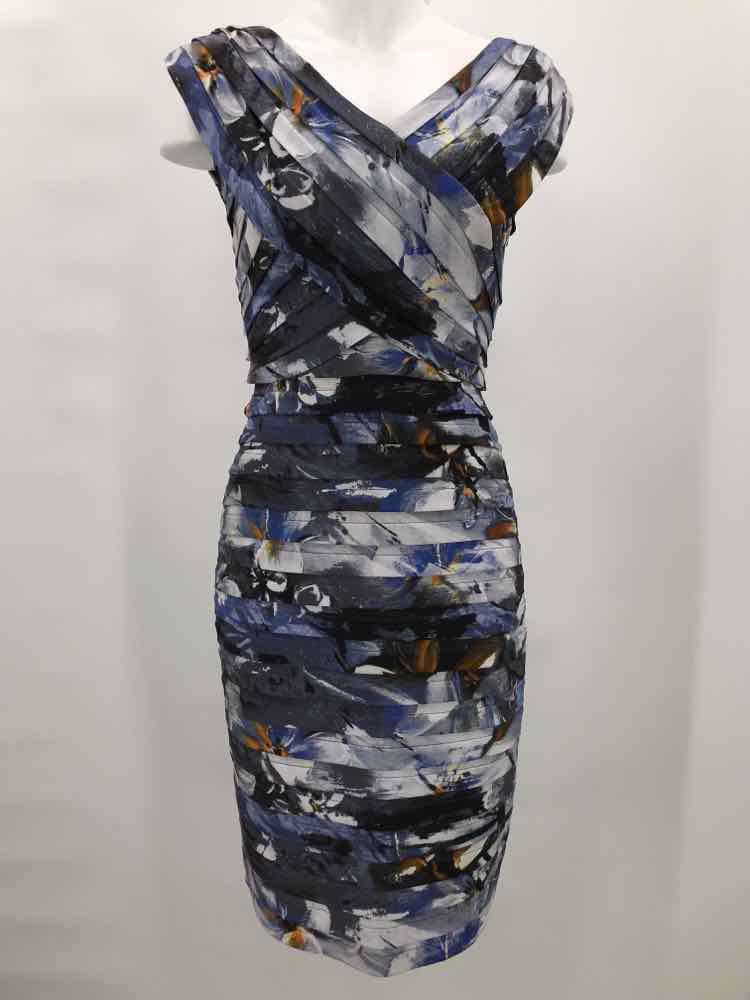 Adrianna Papell Blue Size 4 Abstract Layered Knee Length Short Sleeve Dress