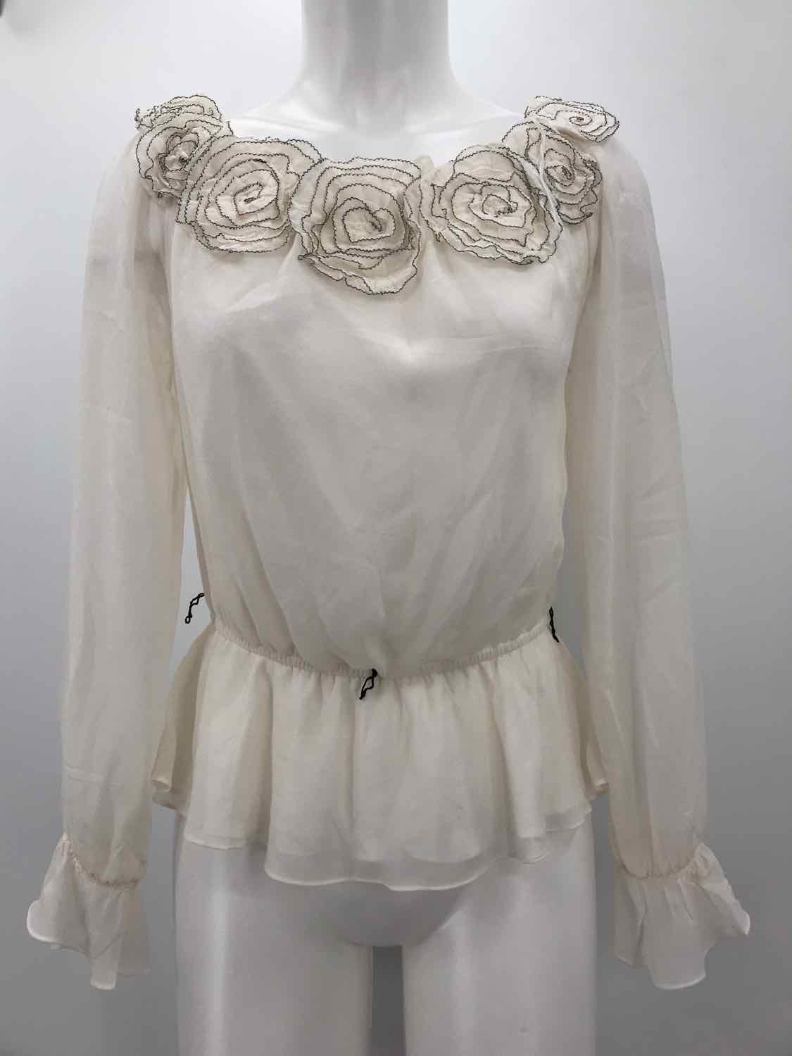 Adrianna Papell Ivory Size Small Floral Long Sleeve Silk Open Shoulder Blouse