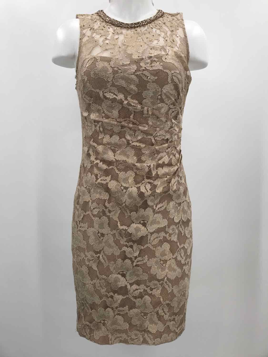 Aidan Mattox Gold Size 4 Lace Short Sleeveless Dress