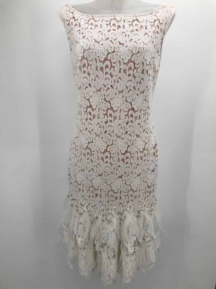 Alberto Makali White Size 8 Feathery Flapper Midi Cocktail Dress