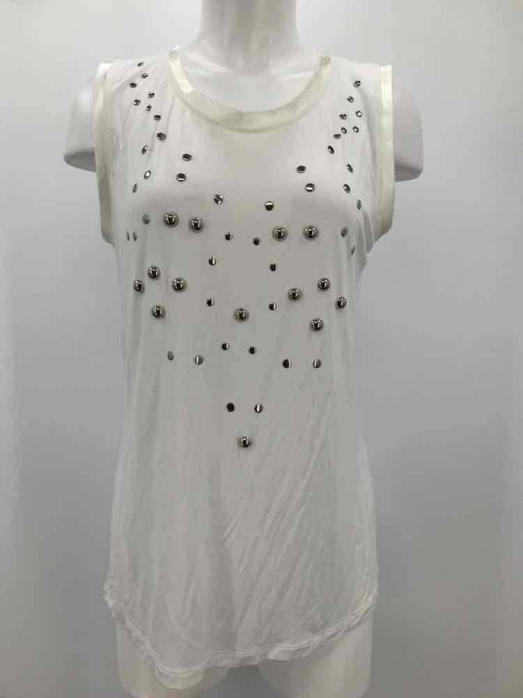 Alberto Makali White Size Large Viscose Beaded Sleeveless Top