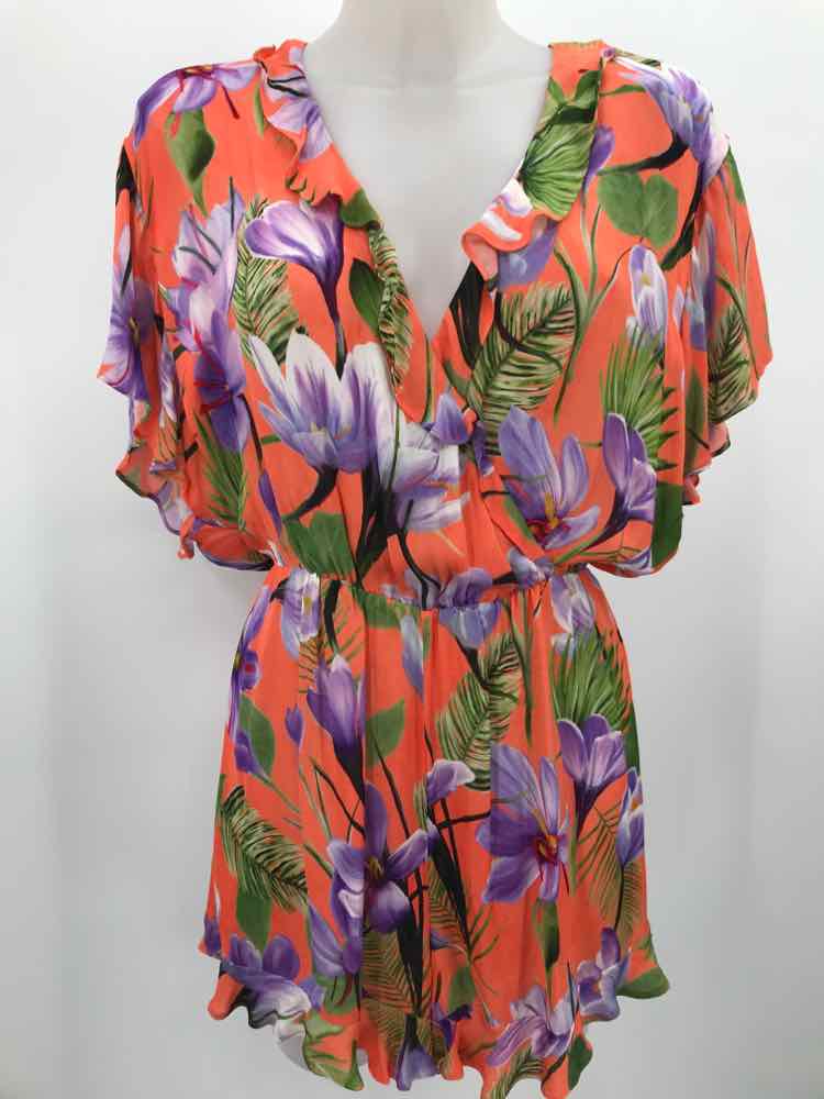 Alice + Olivia Orange Size 10 Floral V Neck Short Sleeve Romper