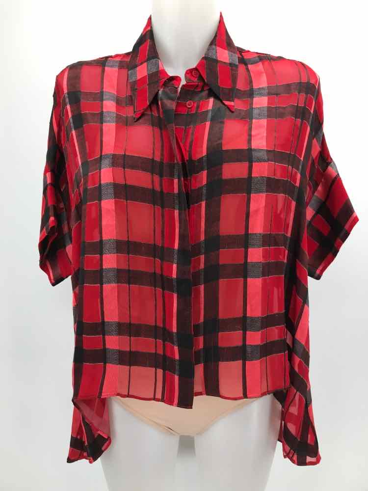 Alice + Olivia Red Size Small P Plaid Short Sleeve Button Down