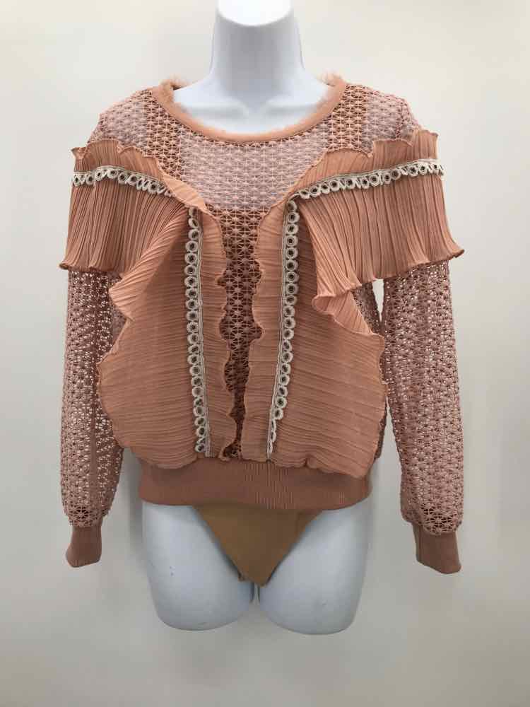 Allison New York Tan Size XS Eyelet Ruffle Long Sleeve Blouse