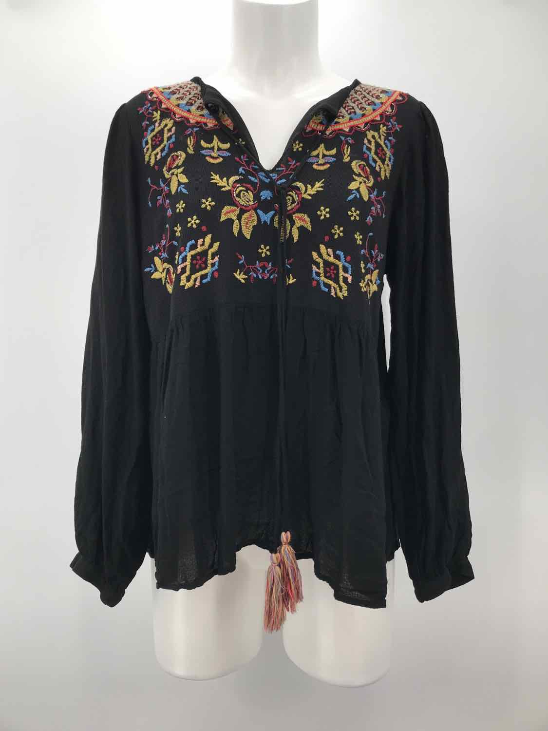 Altar'd State Black Size Small Rayon Embroidered Peplum Long Sleeve Blouse