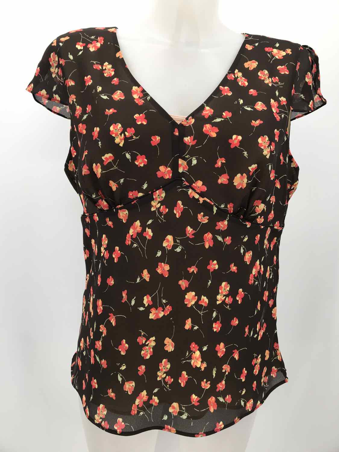 Ann Taylor Brown Size 14P Polyester Floral Side Zip Blouse