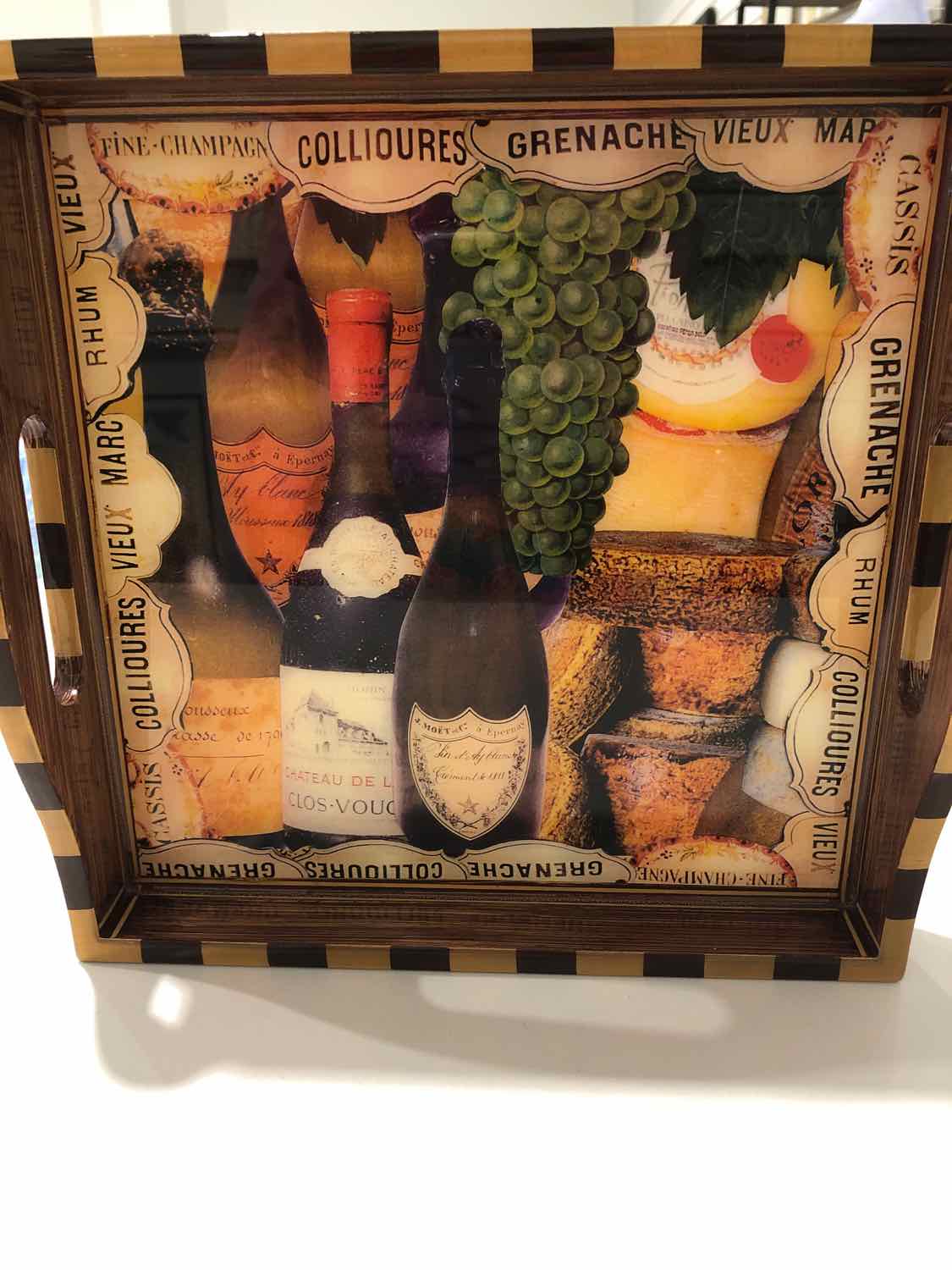 Annie Modica Signed Decoupage Wine and Cheese Brown Wood Tray