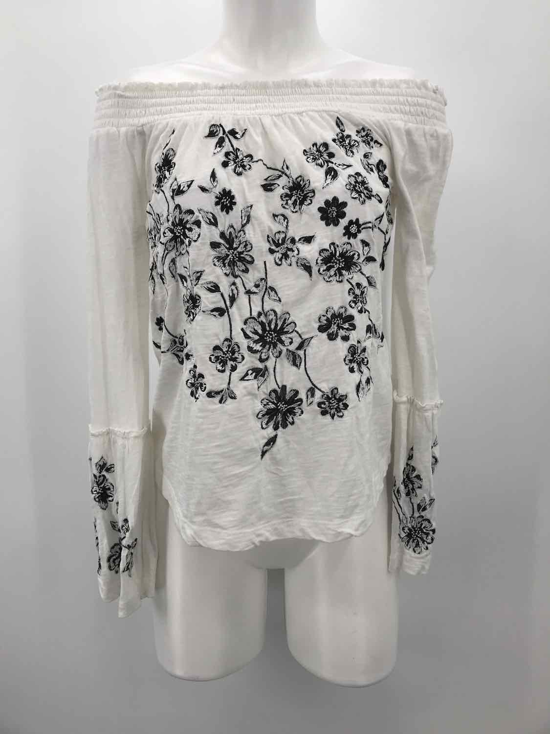 Anthropologie White Size XS Floral Long Sleeve Open Shoulder Blouse