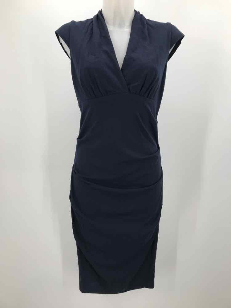 Artelier Nicole Miller Navy Size Large Ruched Midi Short Sleeve Dress